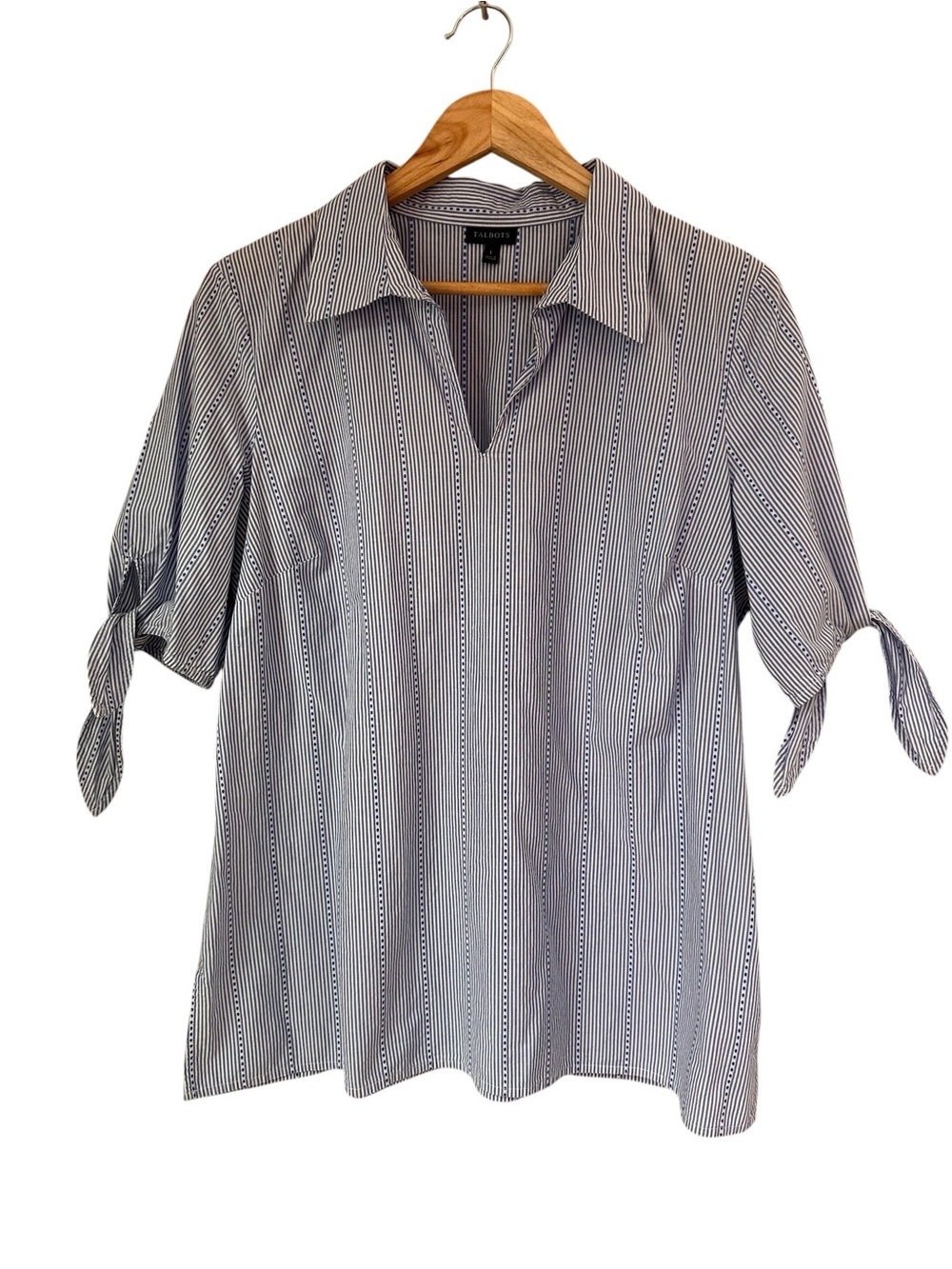 Talbots Navy and White Striped Tie-Sleeve Popover Cotton Blouse, Large